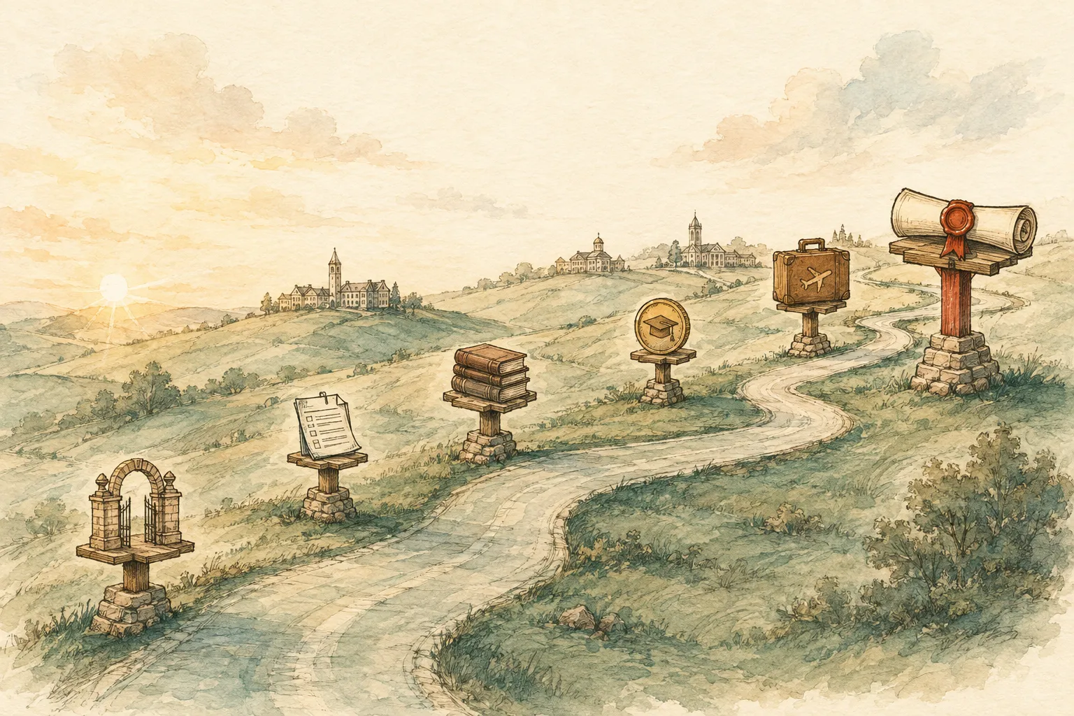 A winding road climbs through hilly countryside with university buildings in the background, six milestone posts stand along it carrying objects — a stone gate, a paper application form, a stack of books, a coin with a mortarboard, a suitcase with an airplane and, at the top, a diploma with a red seal.