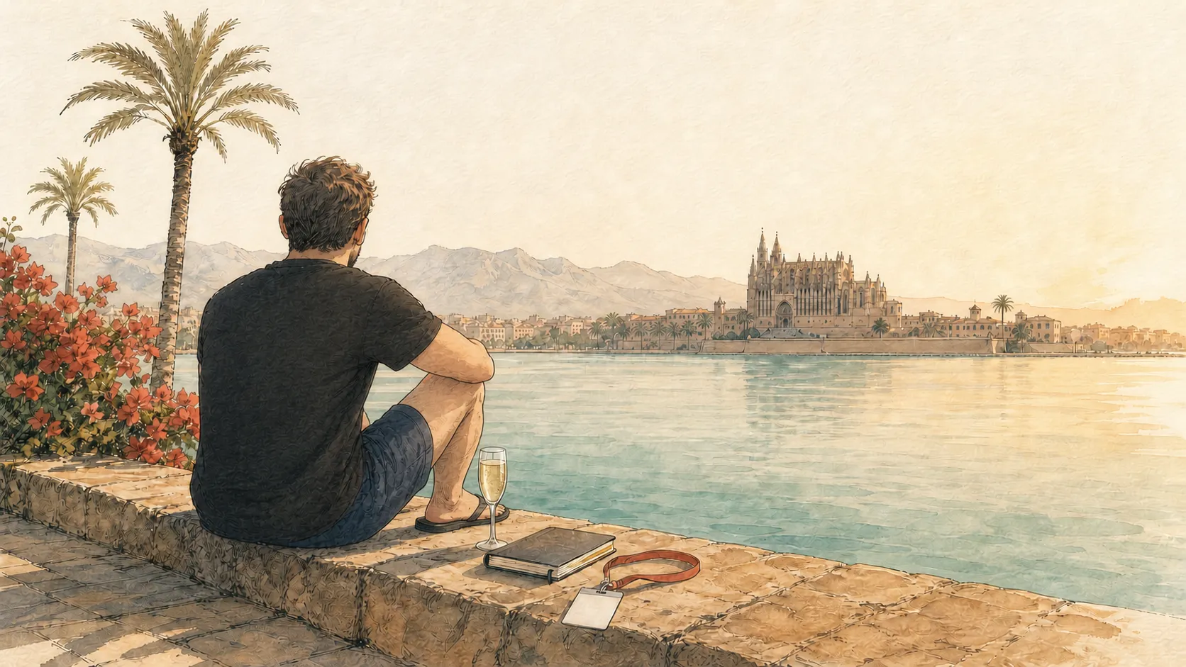 A man in a black t-shirt and dark shorts sits with his back to the viewer on a stone seafront wall in Palma, looking across the bay at the silhouette of La Seu cathedral; next to him on the wall stand a glass of cava, a notebook and a conference lanyard with a blank badge, bougainvillea blooms on the left.
