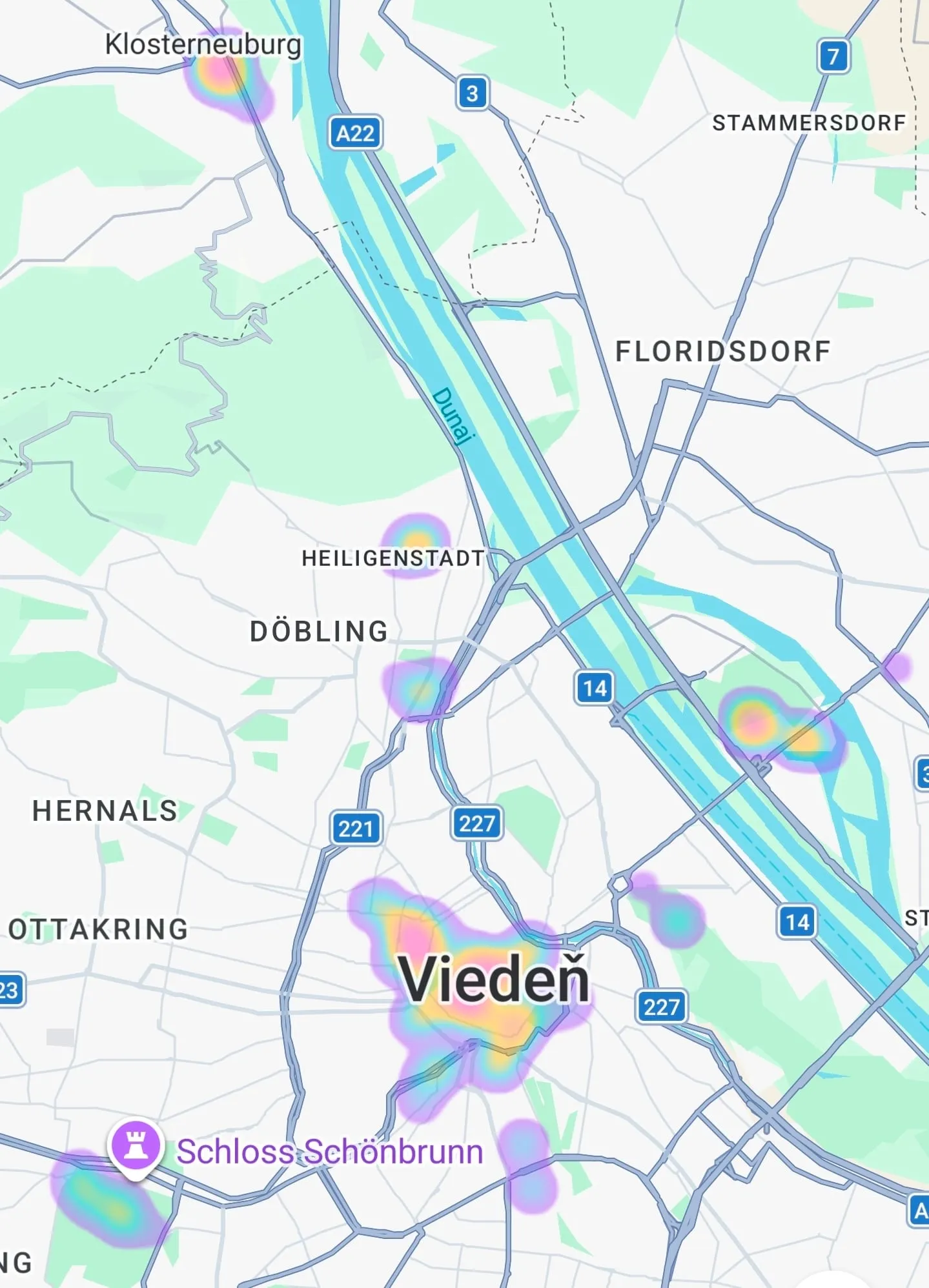 Mapa Viedne s farebnými škvrnami v miestach, kde vznikli fotky — najhustejšie v centre, ďalej Klosterneuburg, Heiligenstadt, Döbling, Schönbrunn a Dunajský ostrov
